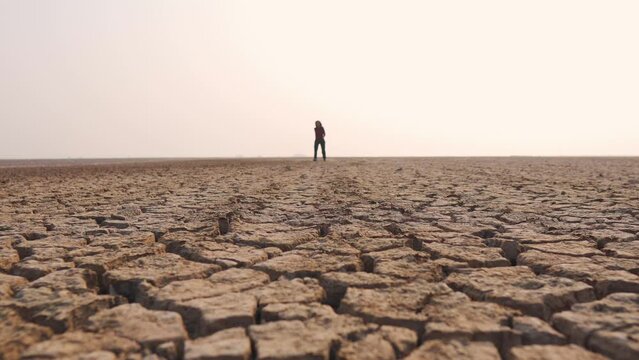 4K shot of Defocused Indian tourist female running and raising her hands on wide beautiful landscape of desert at Little Rann of Kutch, Gujarat. Hot environment. Girl lost in desert.
