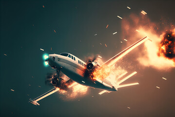 Fototapeta na wymiar A plane on fire falls out of the sky. Action scene. 