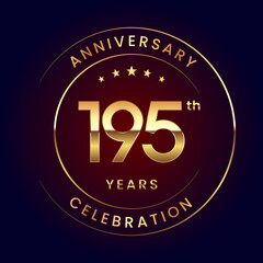 195th Anniversary. A luxurious and simple logo design with gold color ring and text for an anniversary celebration event. Logo Vector Illustration