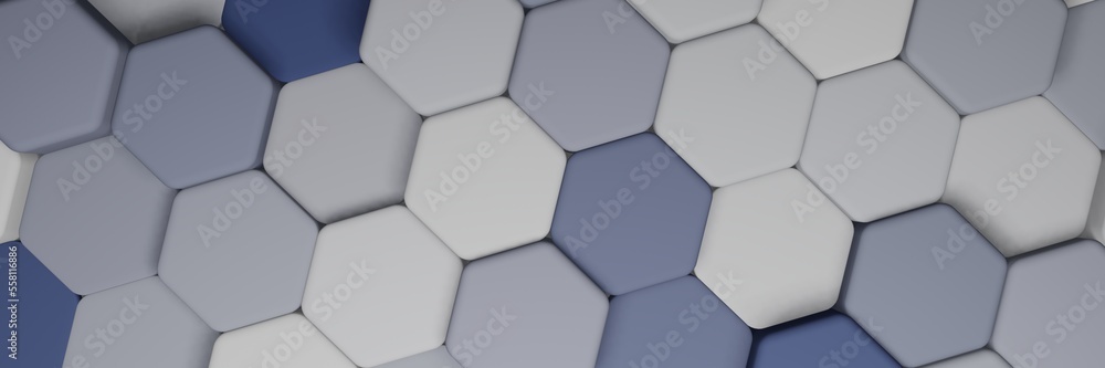 Poster 3d render. illustration blue hexagonal background with random height and one color from a side view.