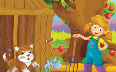 cartoon cat on the farm in garden illustration