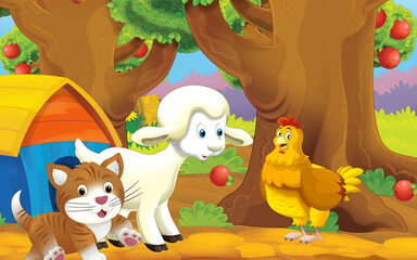 Obraz premium cartoon cat on the farm in garden illustration