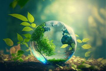 World environment and earth day concept with glass globe and eco friendly enviroment - obrazy, fototapety, plakaty
