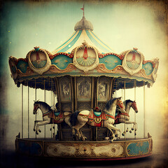 old carousel with horses with vintage effect. childhood memories and nostalgia concept. generative ai - obrazy, fototapety, plakaty