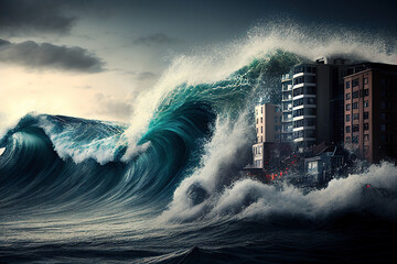tsunami with big wave hitting city and houses. generative ai - obrazy, fototapety, plakaty