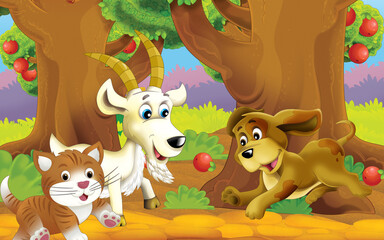 cartoon cat on the farm in garden illustration