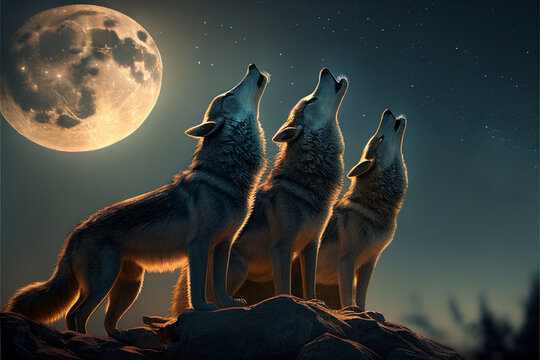 Several wolves howling at the moon. AI generated