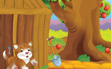 cartoon cat on the farm in garden illustration