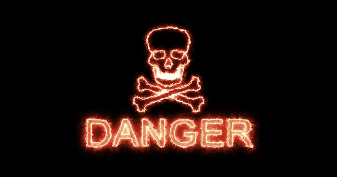 Skull and crossbones with the word DANGER burning. Loop