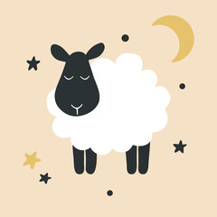 Cute cartoon sheep. Kids print design with lamb in flat style.