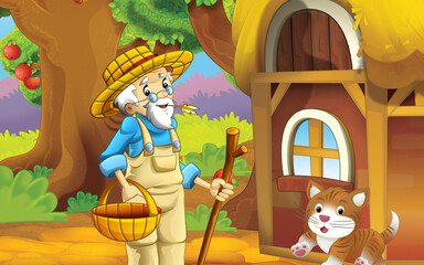 cartoon cat on the farm in garden illustration