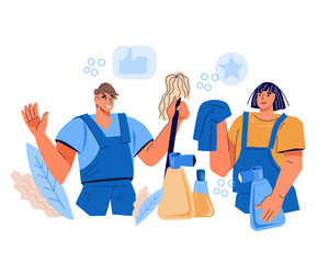 Cleaning service staff of janitors, flat cartoon vector illustration isolated on white background. Man and woman in uniform with tools and detergents for house cleaning.