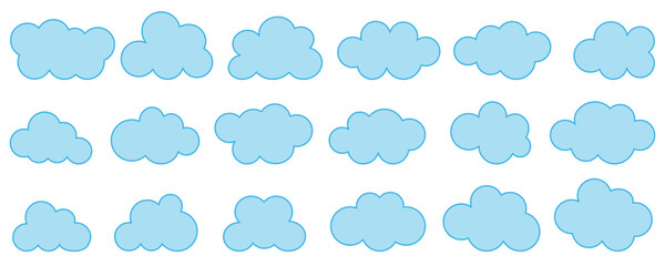 Blue flat cloud shape vector icon set on background.