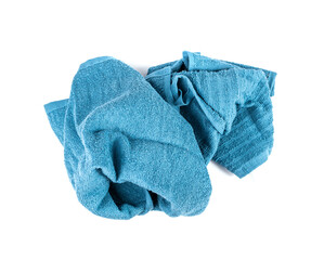 Crumpled Blue Towel Isolated. New Terry Cotton Towel, Wrinkled Soft Washcloth on White Background