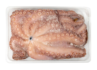 Whole frozen octopus in plastic package isolated