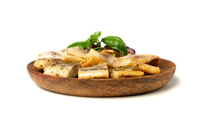Salted Herring Fillet Isolated, Raw Pickled Fish Meat, Marinated Herring on White Background