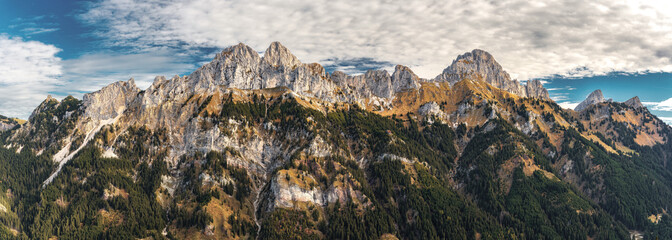 Panorama of Mountains in Tannheimer valley Gimpel Rote Flüh Kellenspitze in autumn