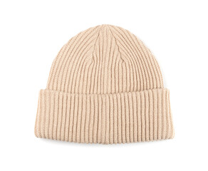 Winter Hat Isolated, Knitted Cap, Beige Winter Hat on White Background