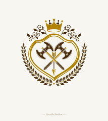 Vintage decorative heraldic vector emblem composed with armory and royal crown