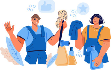 Cleaning service staff of janitors. Man and woman in uniform with tools and detergents for house cleaning.