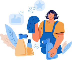 Cleaning service worker of janitor. Cheerful friendly smiling woman in uniform with tools and detergents for house cleaning.