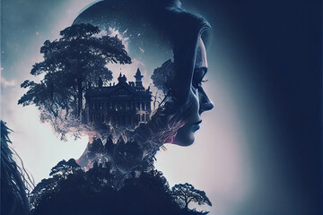 artificial intelligence AI generated illustration. Double exposure of a woman profile and haunted mansion