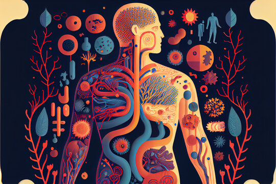 Illustration of human microbiota, digestive health concept
