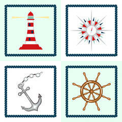Summer marine, nautical concepts design with rope, rudder, lighthouse, anchor and compass. Travel background