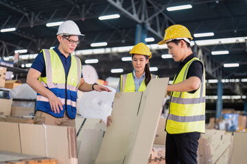 Staff in large storage warehouse together packing goods and carry carton box on pallet