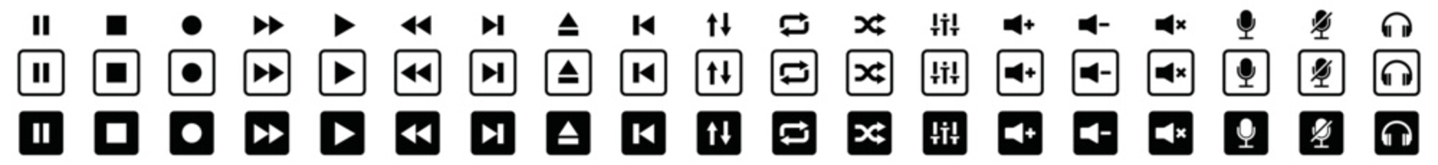 Audio player and video player buttons icon set. Music and sound icon set. Media player buttons icon in square. Video audio player buttons icon. Music sign, symbol illustration