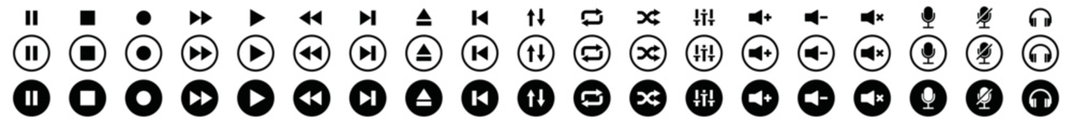 Audio player and video player buttons icon set. Music and sound icon set. Media player buttons icon in circle. Video audio player buttons icon. Music sign, symbol illustration