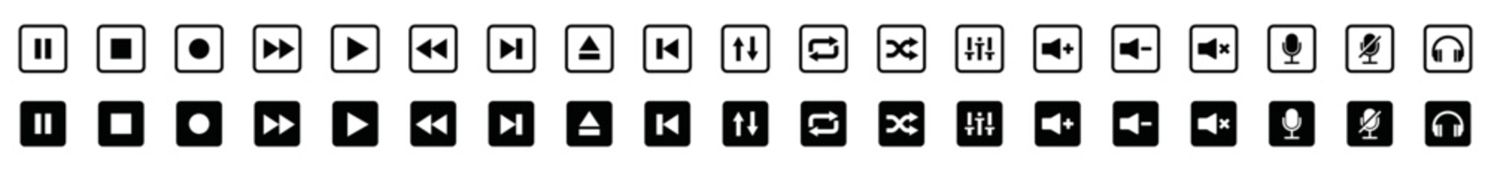 Audio player and video player buttons icon set. Music and sound icon set. Media player buttons icon in square. Video audio player buttons icon. Music sign, symbol illustration