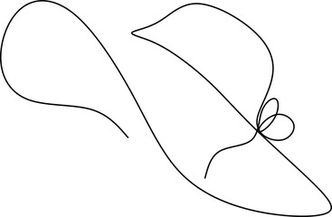 Women sun hat in continuous line art drawing style. Female summer hat with decorative bow knot. Minimalist black linear design isolated on white background. Vector illustration