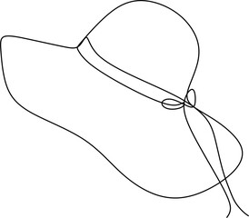 Women sun hat in continuous line art drawing style. Female summer hat with decorative bow knot. Minimalist black linear design isolated on white background. Vector illustration