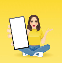 Naklejka premium Young beautiful surprised woman showing blank phone screen sitting in lotus pose with crossed legs isolated vector illustration