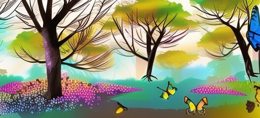 High quality digital watercolor painting of a woodland environment with birds, butterflies, and trees in vibrant colors and a unified design.