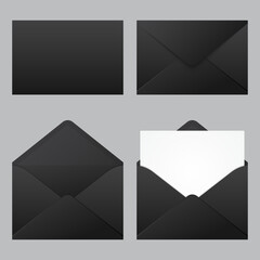 Set of realistic black envelopes mockup. Realistic black envelopes in different positions. Folded and unfolded envelope mockup. Vector illustration