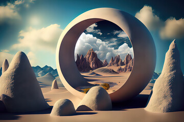A surreal spherical portal on an alien planet with desert and mountains. Fantastic bright background. Gen Art