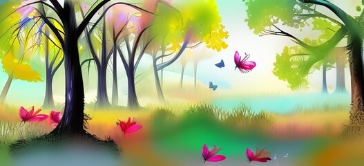 High quality digital watercolor painting of a woodland environment with birds, butterflies, and trees in vibrant colors and a unified design.