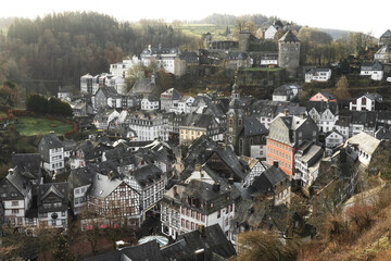 Panorama view in the day of city Monschau in Region national park Eifel