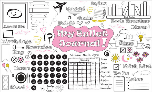 Bullet Journal vector graphics for tracking mood, travel, notes, ideas, books, birthdays, and other uses
