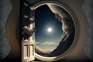 Surreal digital art. Door to another world in deep space. Sun is rising behind planet. Gen art