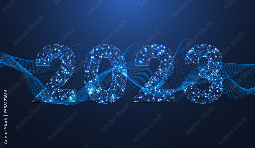 Poster Modern futuristic technology template for Merry Christmas and Happy New Year 2023 with connected lines and dots. Plexus geometric effect. Global network connection, illustration.