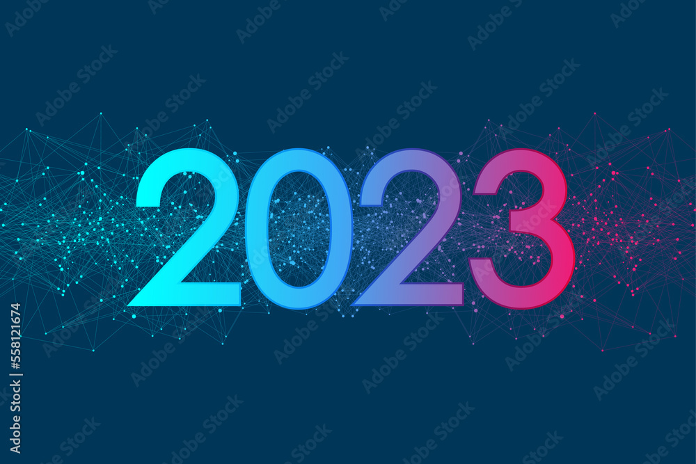 Poster Modern futuristic technology template for Merry Christmas and Happy New Year 2023 with connected lines and dots. Plexus geometric effect. Global network connection, illustration.