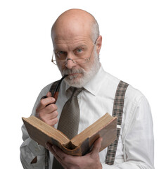 Senior academic professor reading and smoking a pipe