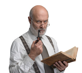 Senior academic professor reading and smoking a pipe