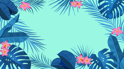 Fototapeta na wymiar Tropical banner design template. Light blue theme with pink rainforest flowers. Palm, monstera leaves, tropical exotic flowers. Best for invitations, flyers, party posters. Vector illustration.