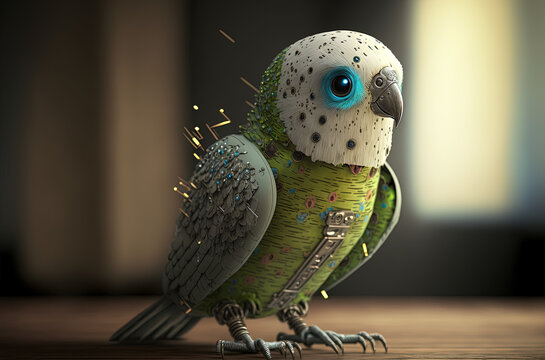 Illustration of a robot budgie. Mechanical budgerigar. Generative AI picture.