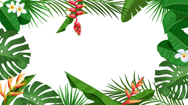 Tropical banner design template. Palm, monstera leaves, tropical exotic flowers. Best for invitations, flyers, party posters. Vector illustration.