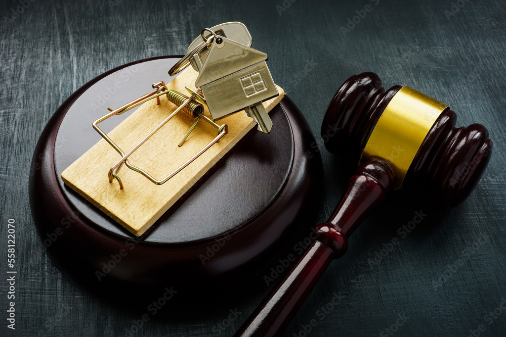 Wall mural mortgage fraud concept. keys, trap and gavel.